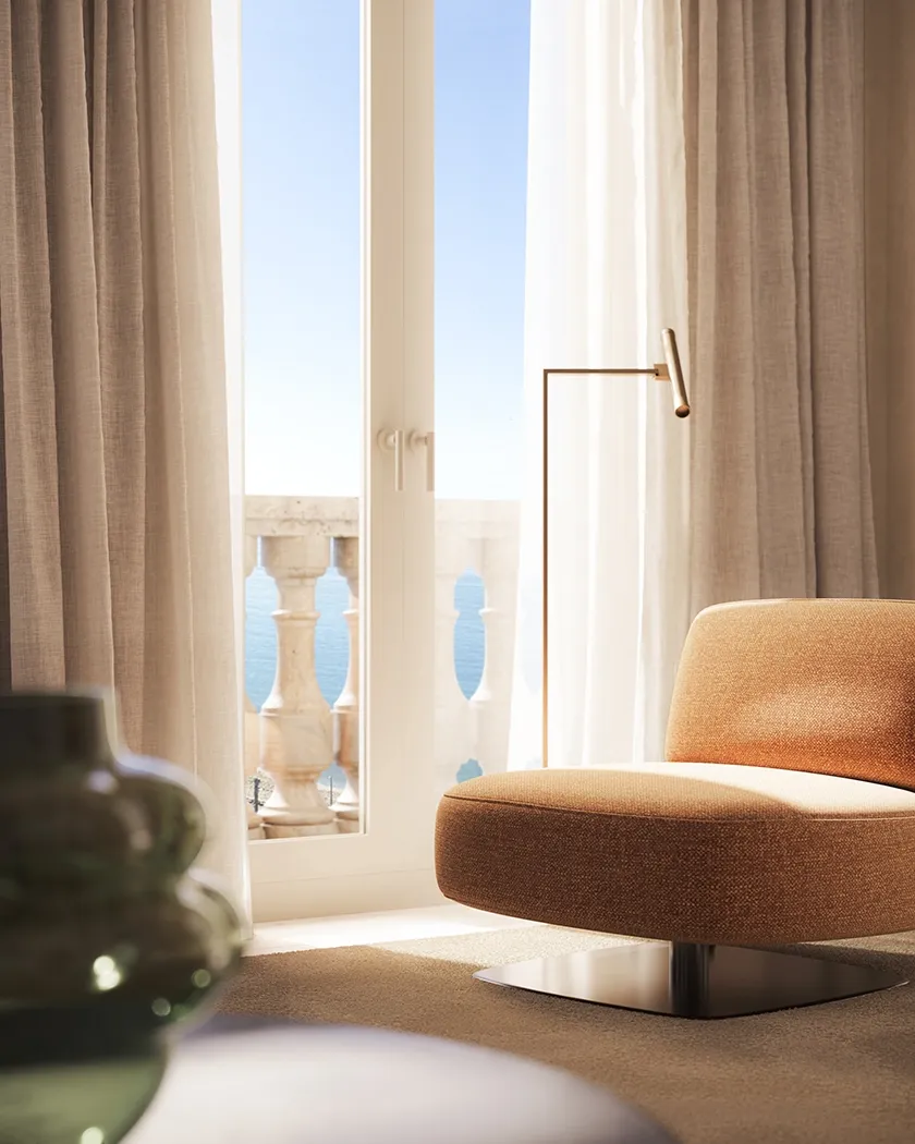 Relaxed living area open to light and comfort.